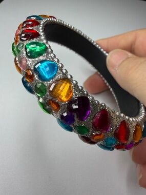 Vintage RETRO Silver Tone Chunky Colorful Rhinestone Bangle Bracelet